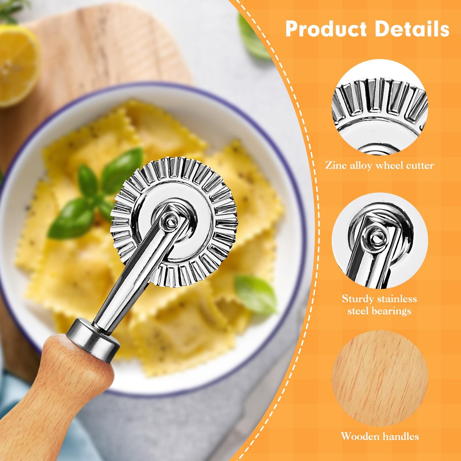 2Pcs Pasta Cutter Wheel Stainless Steel Fluted Pastry Ravioli Cutter Wheel with Wooden Handle Pastry Crimper for Home Kitchen