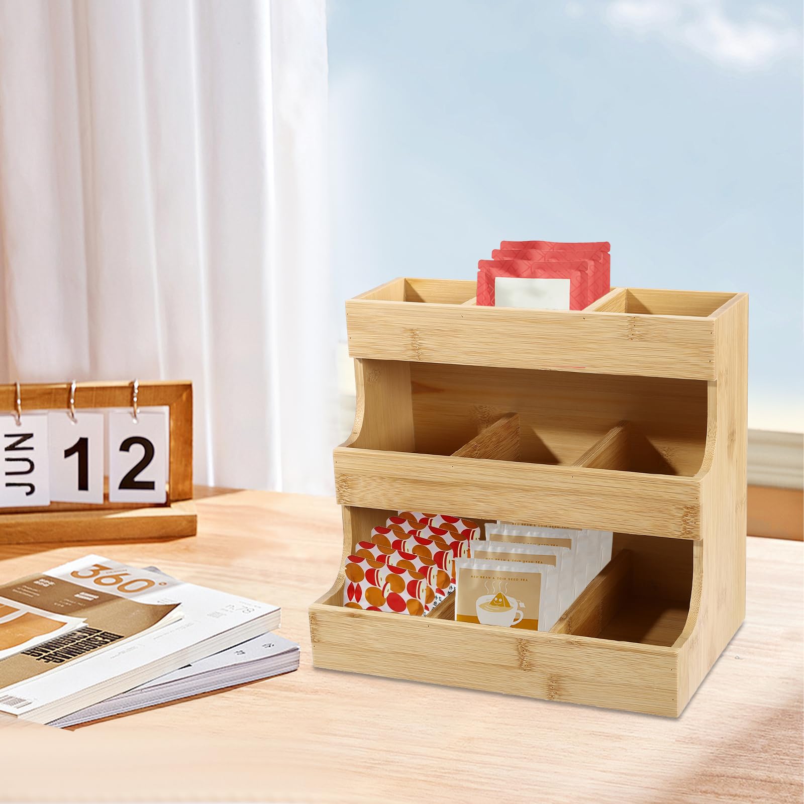 Organizer per bustine da tè, in bambù, con 3 livelli, per 9 scomparti, per caffè e bustine da tè, organizzatore per casa, ufficio, caffetteria o sala da tè