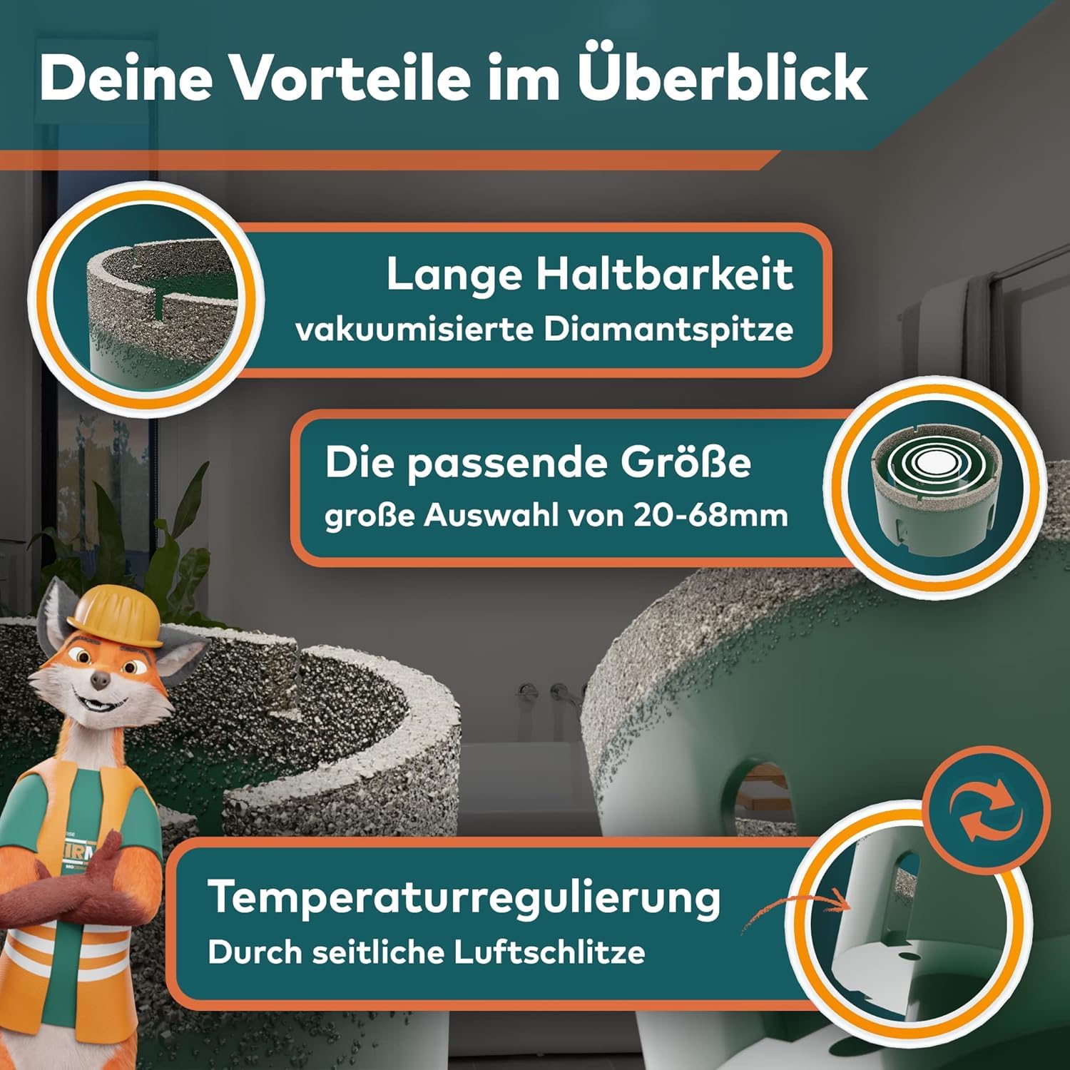 Das exklusive Diamantbohrer Set von Fairmo (5 Teile inkl. M14 Adapter) - Diamantbohrkronen Fliesenbohrer Set 68mm, 50mm, 35mm, 25mm, 20mm - Bohrkrone für harte Fliesen, Keramik, Beton, Feinsteinzeug