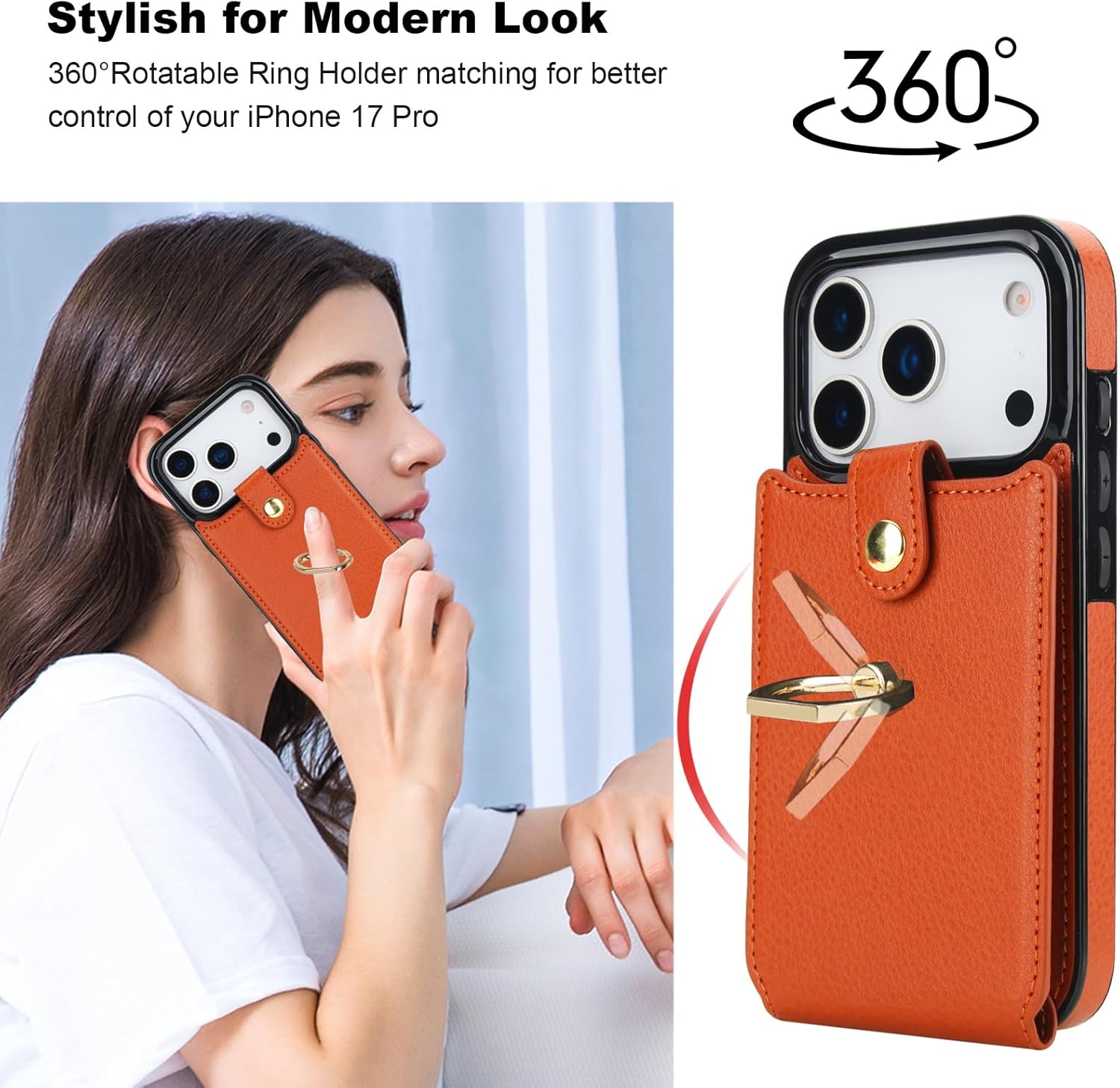 Folosu Compatible with iPhone 17 Pro Case Wallet with Card Holder, 360°Rotation Finger Ring Holder Kickstand, RFID Blocking Leather Protective Double Buttons Shockproof Cover 6.3 Inch Brown - Image 3