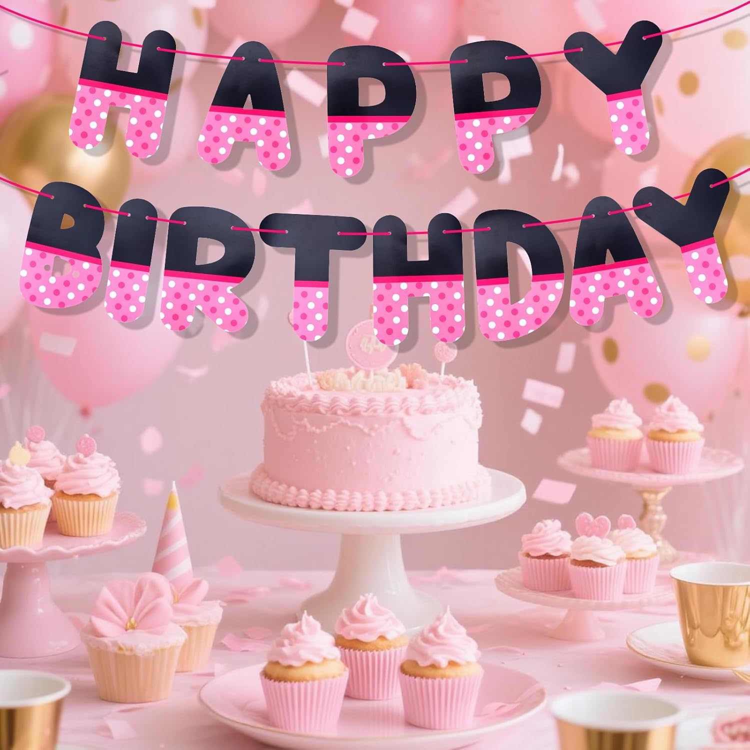 Pink Black Happy Birthday Banner, Cartoon Themed Birth Birthday Party Decorations Letter Hanging Backdrop Garland Photo Prop for Girl Kids Party Favors Supplies Wall Decor - Image 3