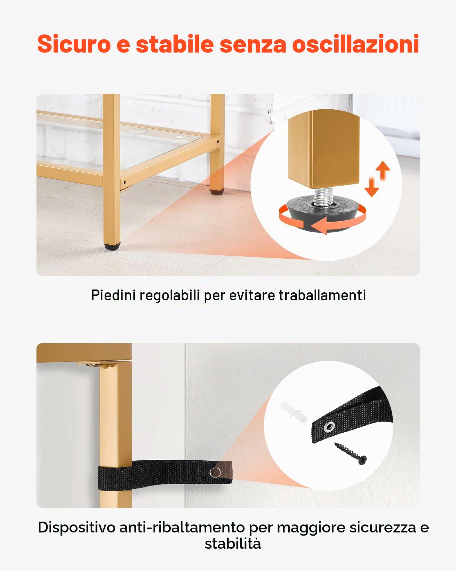 VEVOR Tavolo Consolle in Vetro a 3 Livelli 100 x 30 x 72,9 cm Moderno Tavolino Rettangolare con Piano in Vetro Temperato e Gambe in Ferro, Dispositivo Antiribaltamento per Soggiorno, Ingresso, Dorato