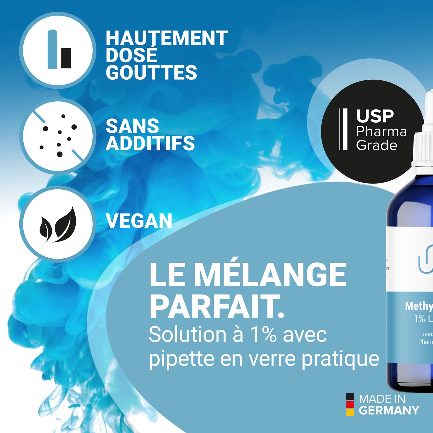 Solution de bleu de méthylène 1% pure qualité pharmaceutique USP, de solution aqueuse, sans additifs, qualité contrôlée en laboratoire, fabriquée en Allemagne (2x 100 ml)