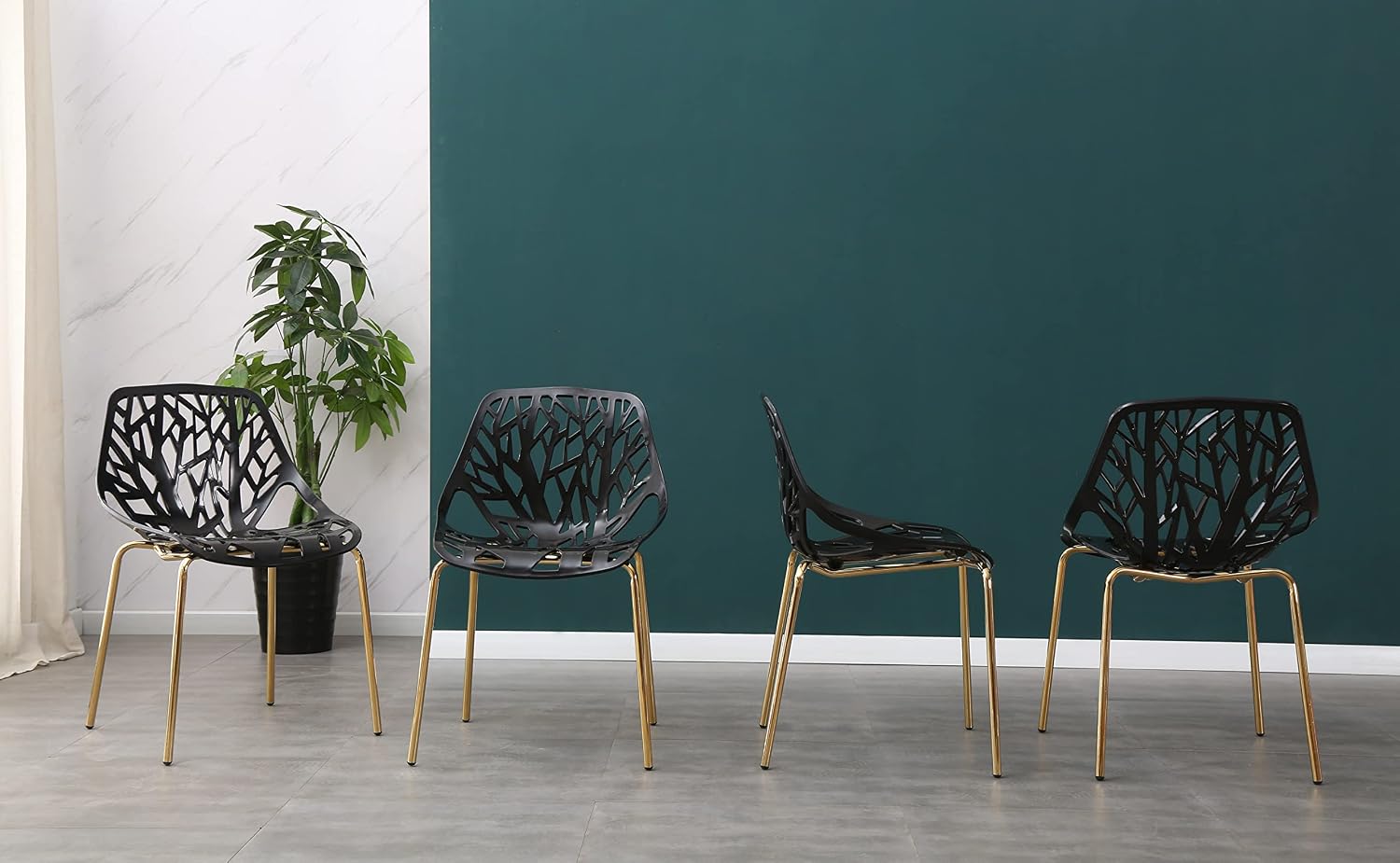 Modern Black Dining Chairs Set of 4, Birch Sapling Cut-Out Chairs for Dining Room, Hotels, Restaurants Indoor Outdoor, Elegant Kitchen Chairs with Gold Legs (4, Black)