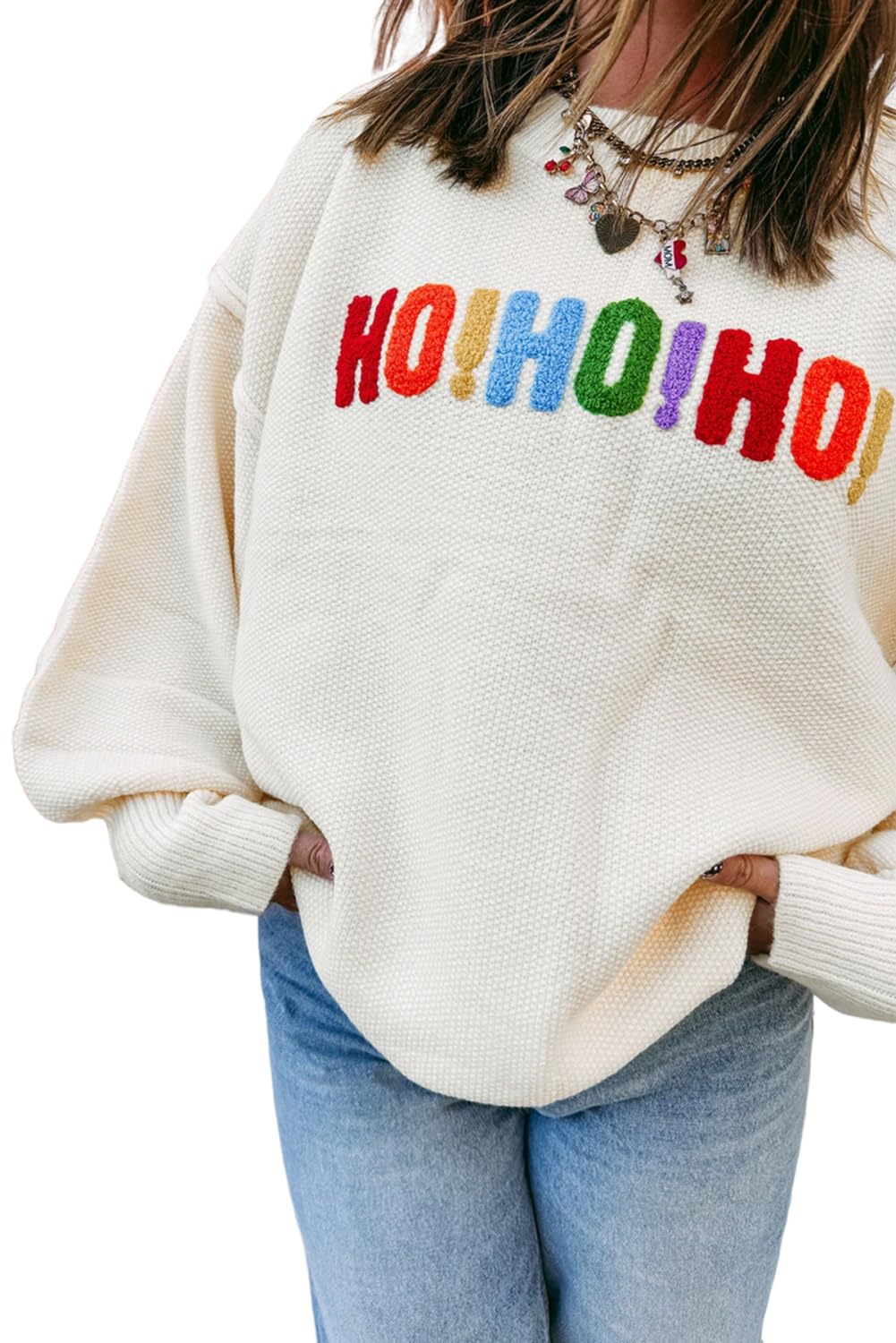 Melliflo Womens Merry Christmas Sweaters Crewneck HO HO HO Pullover Sweater Drop Shoulder Lantern Sleeve Holiday Sweater