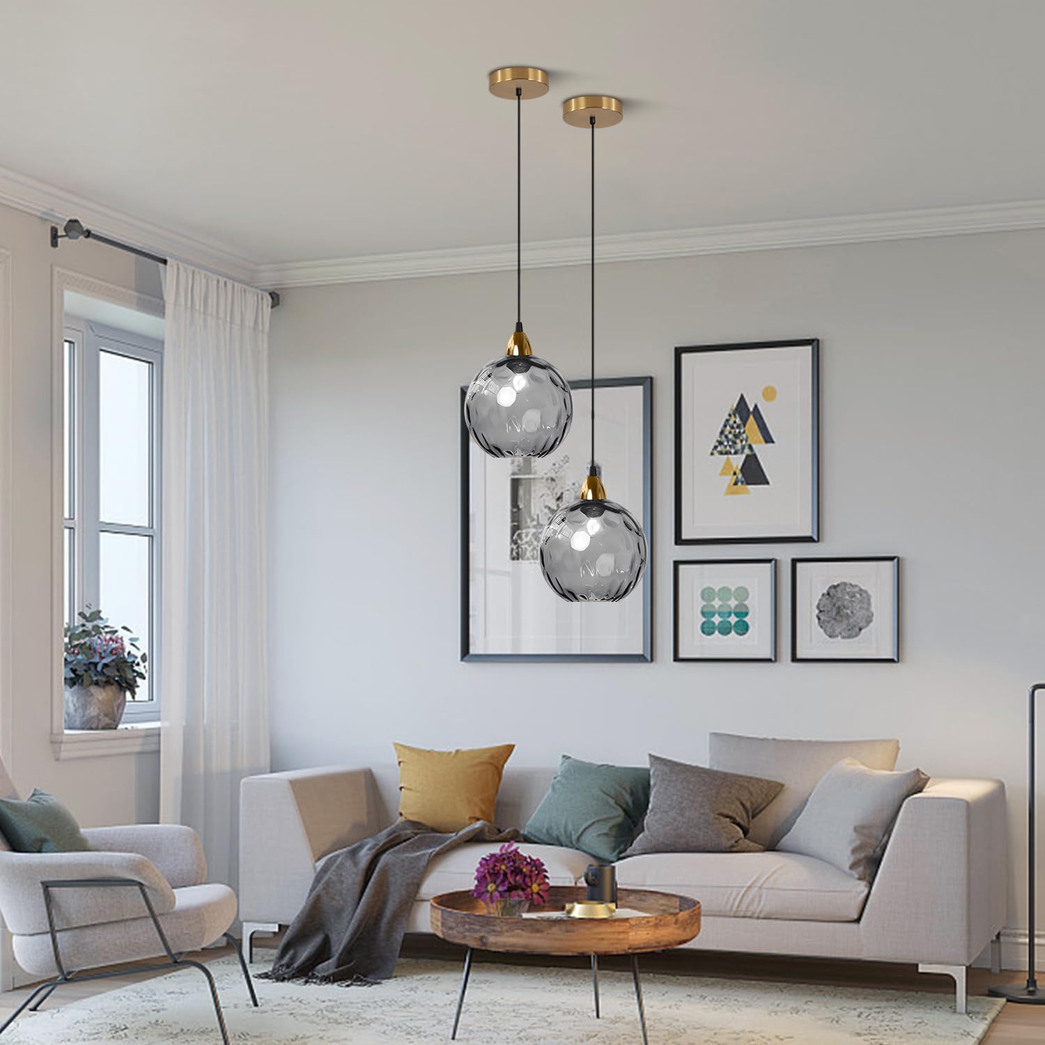 BOKT Large 1-Lights Smoke Gray Glass Pendant Light Brushed Gold Globe Round Chandelier Pendant Lighting Mid-Century Modern Kitchen Island Pendant Light Fixture (Smoke Gray)
