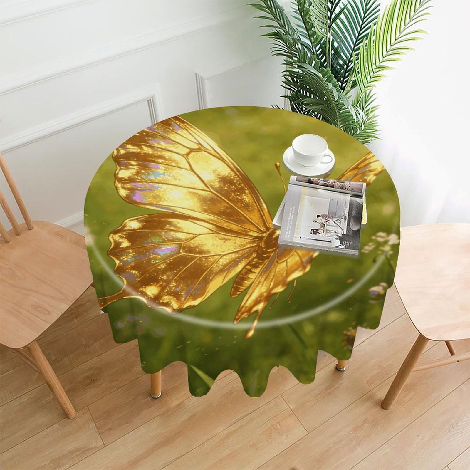FekiLoot Golden Butterfly Round Tablecloth Cover 60 Inch Wrinkle Free Washable Polyester Fabric Table Cover Decorative Round Table Cloth for Home Dining Kitchen Party Farmhouse