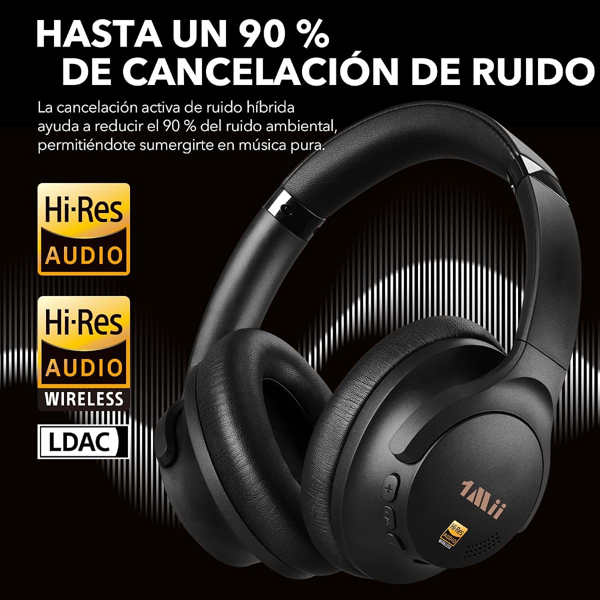 1Mii AI Y8+ Auriculares Inalámbricos Bluetooth 6.0 Cancelación de Ruido Activa Híbrida Cascos, LDAC Hi-Res Audio, 100H de Reproducción, Traducción IA, Chat de Voz, EQ con App - Negro — view 3
