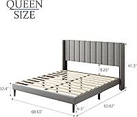 Vista 2 de Base de cama tamaño Queen con cabecera de cama tapizada con respaldo abatible, base de cama de plataforma de fácil montaje, soporte de listones