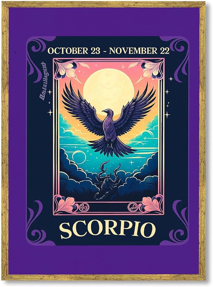 Framed Scorpio Zodiac Sign Poster Canvas Print Art Gothic Wall Art Painting Pictures Wall Decor Stunning Art Print Decoration for Living Room Bedroom Home Decor (Gold Framed,12L x16W)