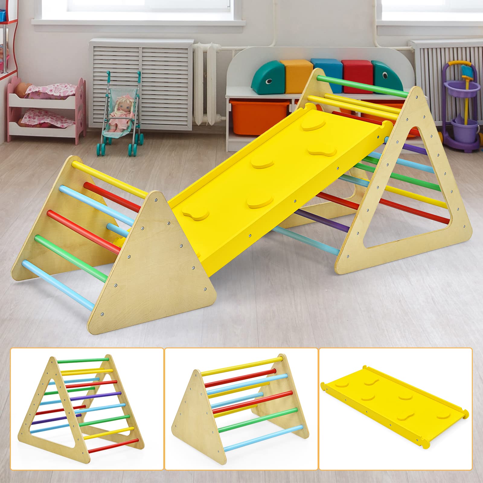 GYMAX Triangolo da Arrampicata per Bambini con Scivolo, Legno, Giocattolo a Scala, Esterno, Montessori, Colorato