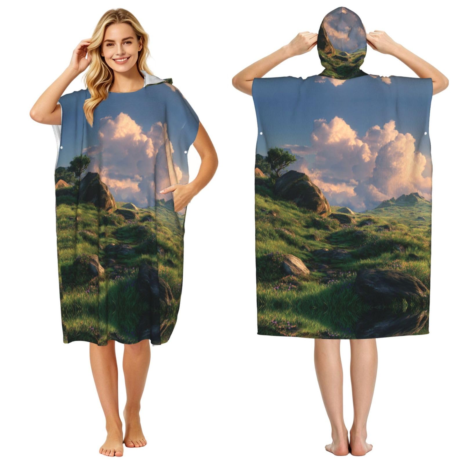 ESNAIUVCD Grassland Scenery Print Changing Robe, Hooded Towel Poncho For Swimming Pool, Beach,Quick Dry Light Weight Towelling Poncho