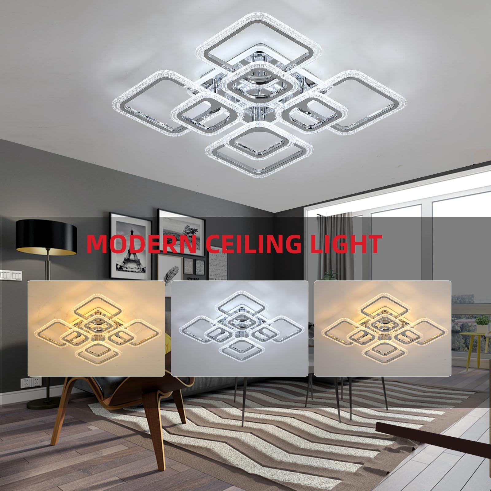 ZAITINZ 80W Flush Mount LED Ceiling Light, Dimmable Modern Chrome