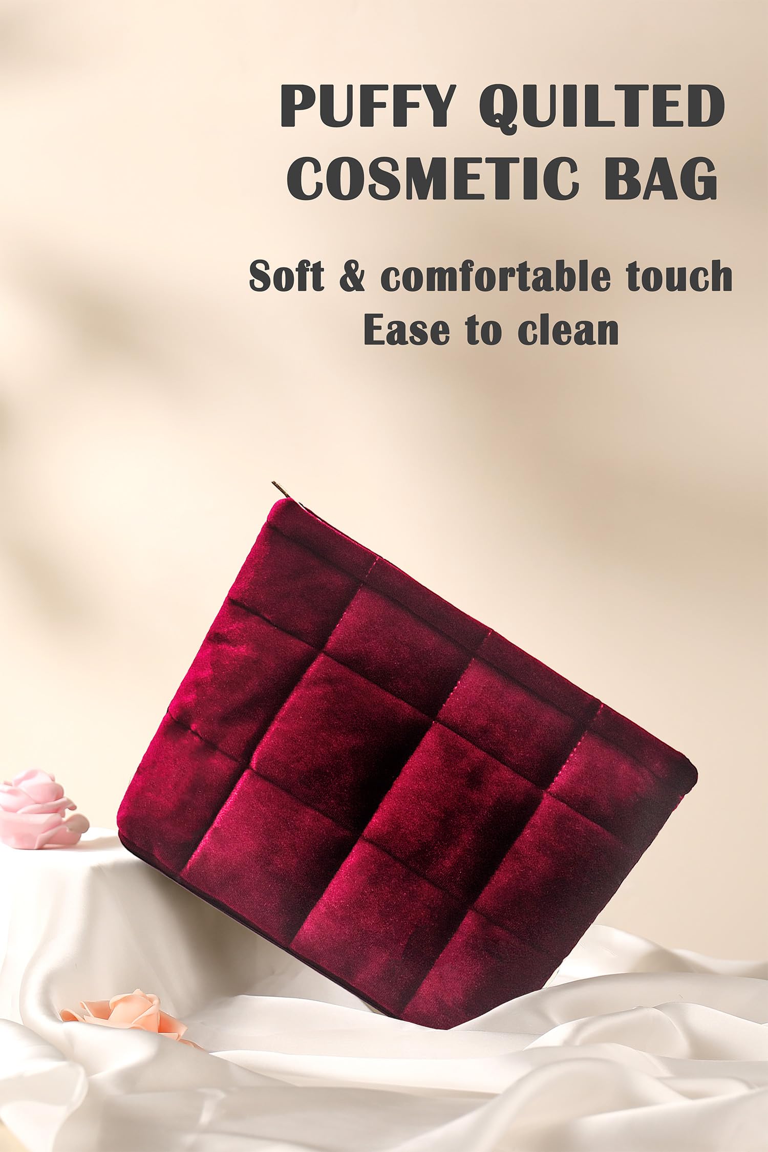 HFLZBRO Puffy Quilted Makeup Bag, Cosmetic Bag, Travel Toiletry Organizer Pouch, Clutch for Women (Wine Red -Velvet) - Image 2
