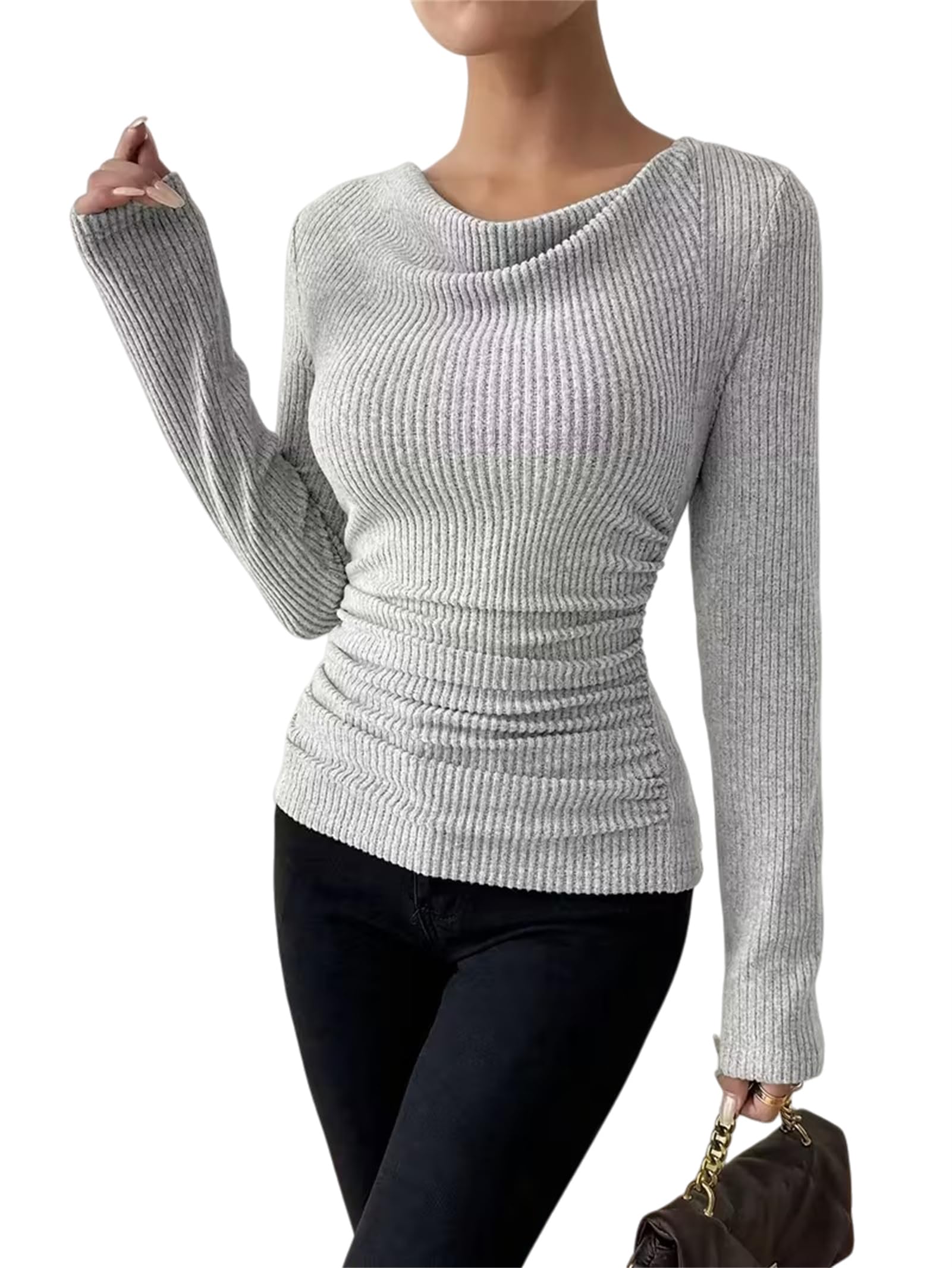 Womens Long Sleeve Cowl Neck Ribbed Knit Fall Shirts Slim Fit Ruched Going Out Crop Tops Fall Pullover