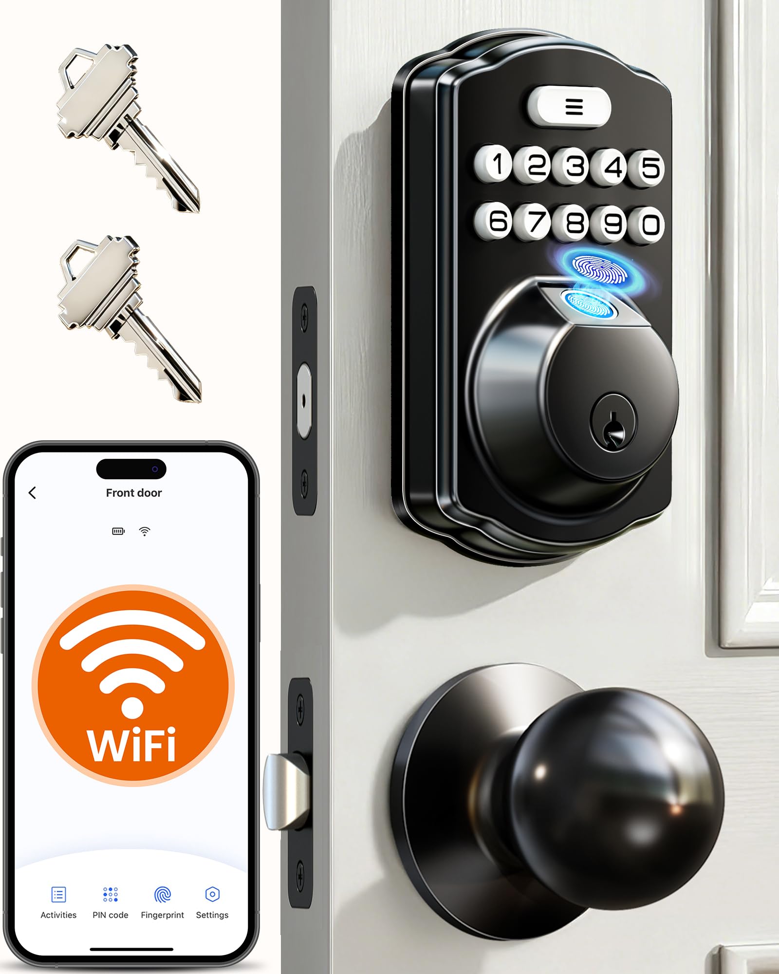 VE012W-K Built-in WiFi Fingerprint Smart Lock with 2 Knobs, No Hub Needed, Remote APP Control, Keyless Entry Door Lock, Smart Deadbolt for Front Door, Auto Locking, Matte Black