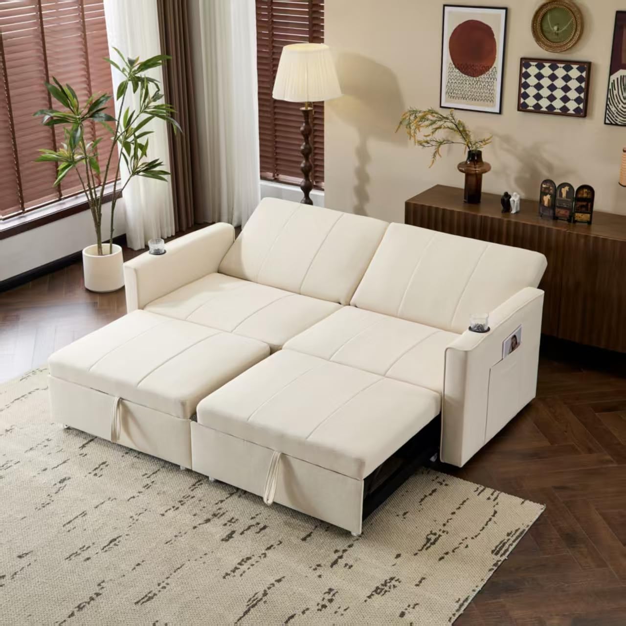 BTM 207cm King Size Independent Pull Out Sofa Bed, Convertible Fabric Sofa Chair with Cup Holders, Side Pockets, Fabric Loveseat Couch Chaise Lounge for Living Room, Apartment