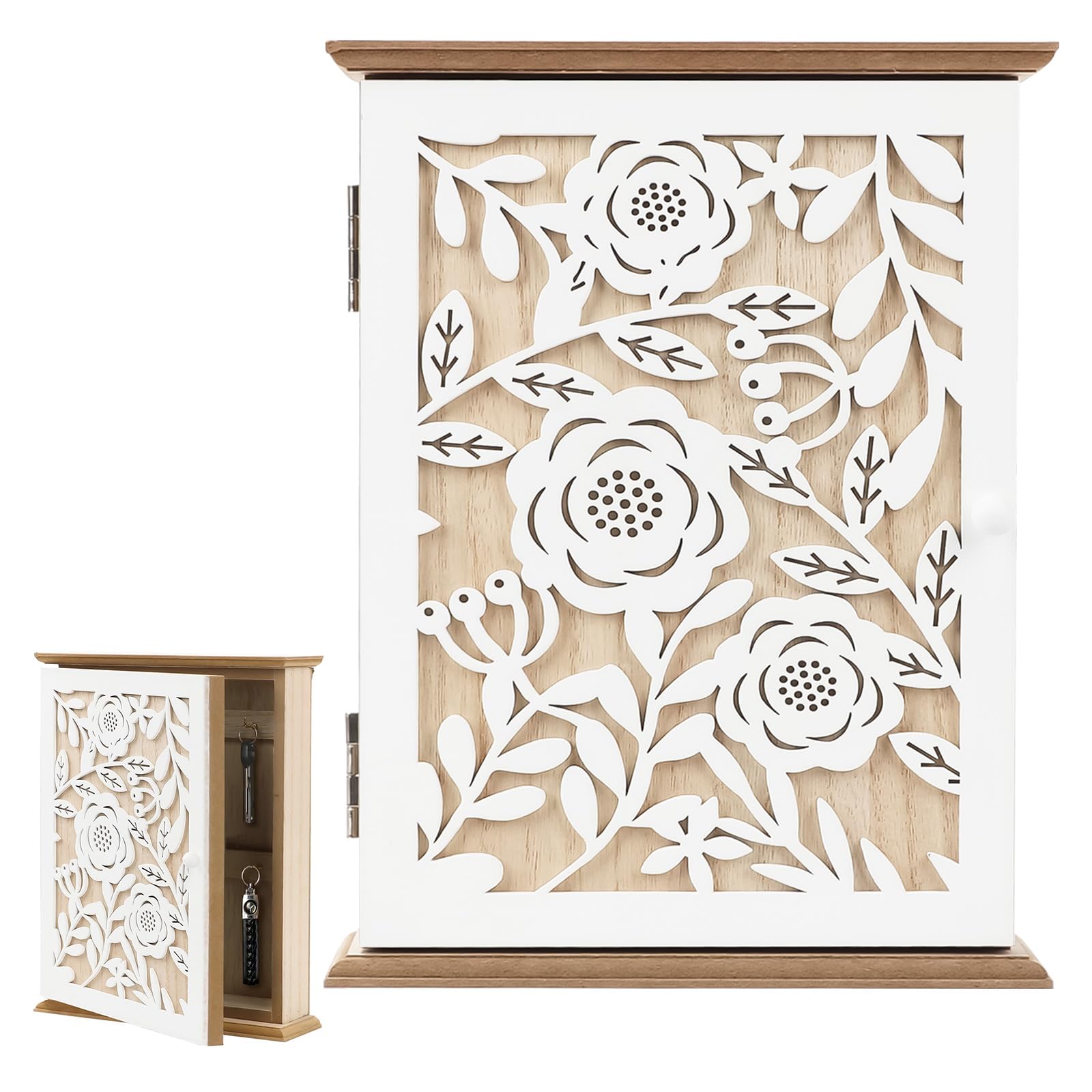 Tefola Armoire à clés murale en bois blanc, boîte à clés autonome avec 6 crochets, armoire décorative pour clés pour couloir et entrée, 26 x 20 x 6 cm (rose)