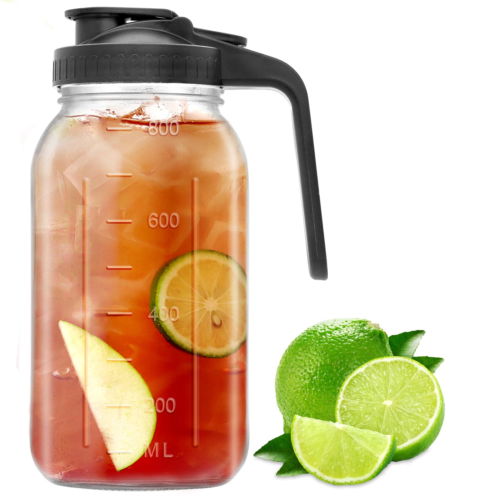 Jarra de vidrio de 32 onzas con boquilla de vertido y asa, jarra de boca ancha a prueba de fugas para café frío, té helado, jugo, limonada, té solar, bebidas de frutas, tapa hermética para
