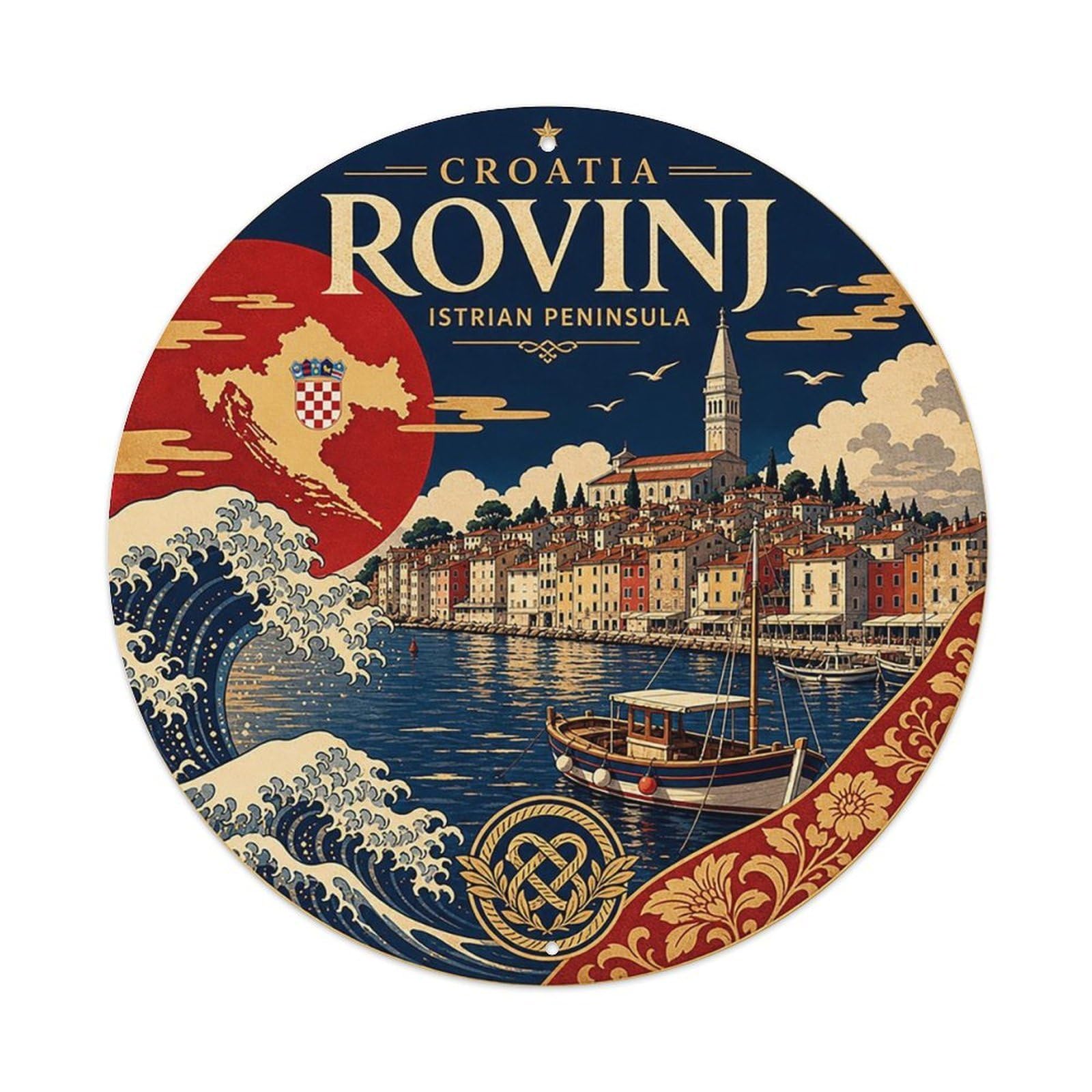 Este 8X8inch Style Croatia Rovinj Istrian Japanese Style Beach Destination Metal Tin Sign