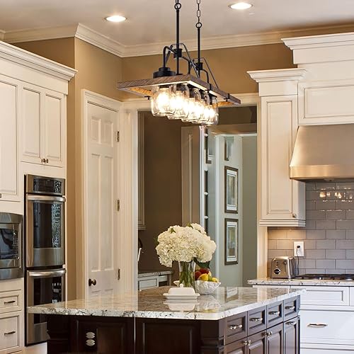 Miniatura 5 de Wellmet Lámpara de araña de isla de cocina, tarro de masón, lámpara colgante de 5 luces de pintura de madera para sala de estar, mesa de comedor,