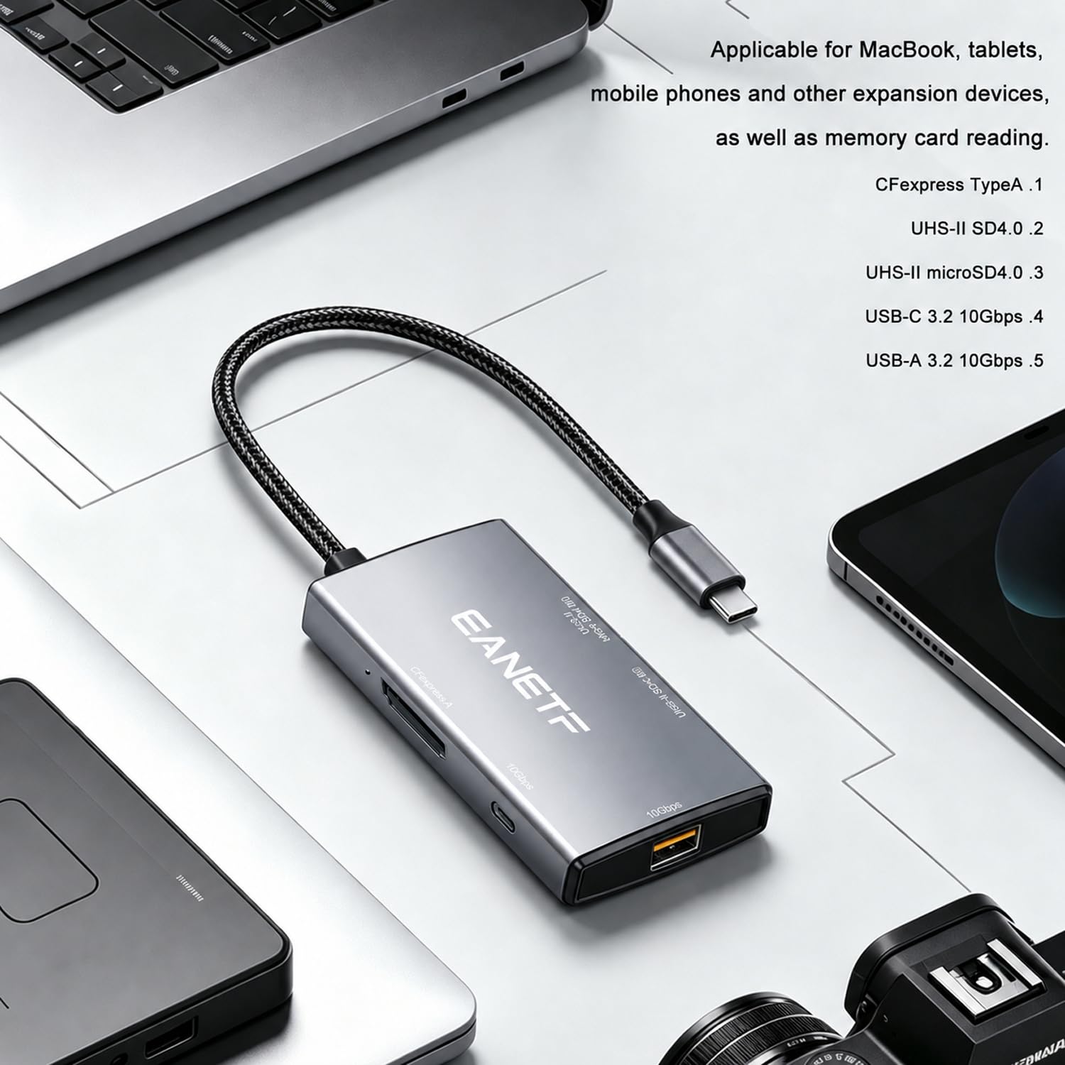 Eanetf 5-in-1 Professioneller USB-C-Hub, 10 Gbit/s, CFexpress Typ C + UHS-II SD4.0 (Dual Row Pins) + UHS-II Micro SD4.0 Kartenleser, industrieller USB 3.2 für 8K RAW Workflow, Filmemacher & Fotografen