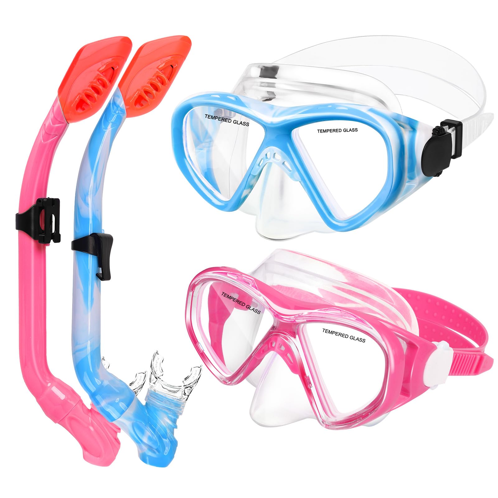 Set di 2 set da snorkeling per bambini, ragazzi e ragazze, età 5-15, maschera e boccaglio in vetro temperato, vista panoramica a 180 gradi