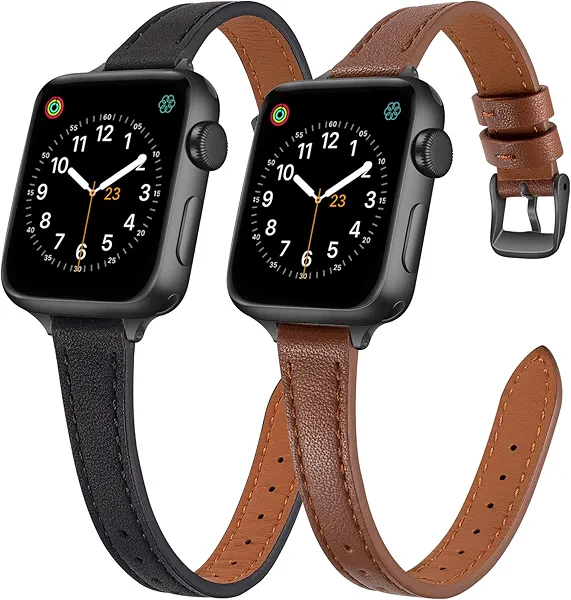 SEURE 2-pack Leather Bands Compatible with Apple Watch Band for women 38mm 40mm 41mm 42mm 44mm 45mm 46mm 49mm,Genuine Leather Band Slim Thin Strap for iWatch Ultra SE Series 11/10/9/8/7/6/5/4/3/2/1