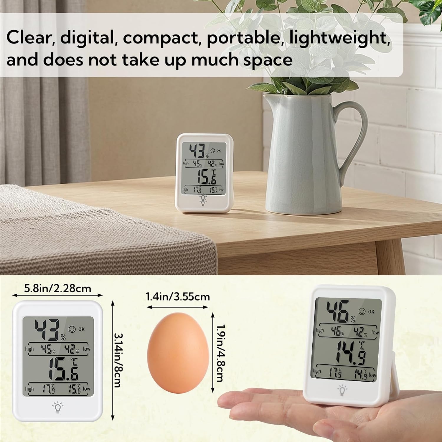 6 Pack Digital Hygrometer Indoor Thermometer - Smart Temperature Humidity Monitor with Backlight - Humidity Meter Mini Max/Min Record, Time, Calendar, Alarm, °c/°f Switch for Bedroom, School