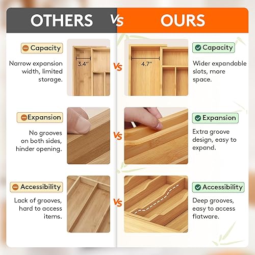 Miniatura 5 de Lifewit Organizador de cajones de cubiertos, bandeja expandible para utensilios de cocina, cubiertos de bambú y soporte para cubiertos,