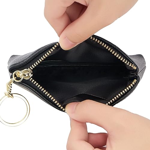 Miniatura 5 de WOZEAH Monedero de cuero artificial con llavero y cierre de cremallera para hombres y mujeres (A negro)