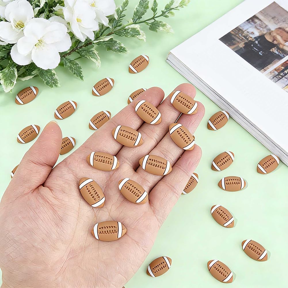 SUNNYCLUE 1 Box 50Pcs Rugby Ball Charms Sport Cabochons Bulk Brown 3D Opaque Resin Cute Football Flatback Sports Cabochons for Embellishments Scrapbooks Phone Case Decor Gifts Hair Clip DIY Crafting image 3
