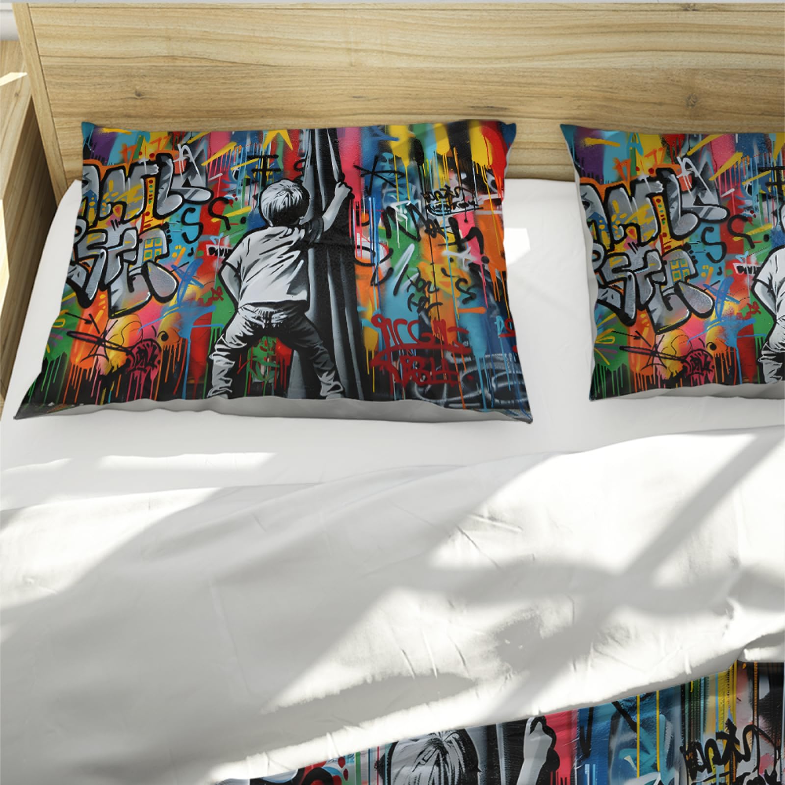 Colorido Estilo Graffiti Funda de Edredón Set 3 Piezas Lindo Niño Tirando de Las Cortinas Juego de Ropa de Cama con 2 Almohadas Shams Cremallera y 4 Lazos 140 x 220 cm