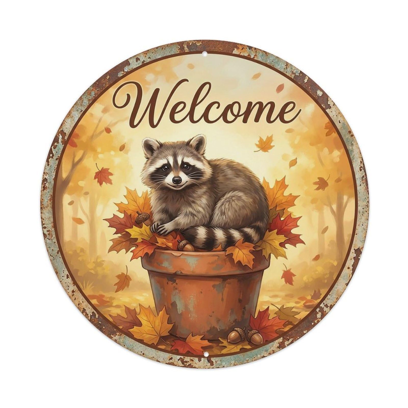 Vintage Welcome Raccoon Autumn Leaves Vintage Metal Tin Sign Plaque Wall Decor for Cafe, Club Bar, Office, Garden Metal Poster 8x8Inch