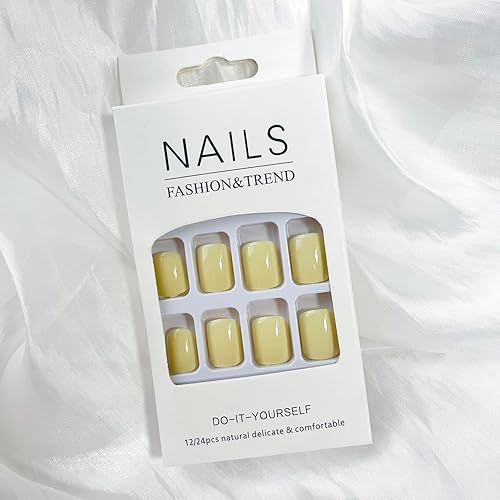 Miniatura 6 de 24 piezas de uñas postizas cuadradas a presión, uñas postizas cortas de color puro, uñas acrílicas amarillas, cobertura completa, lindas uñas