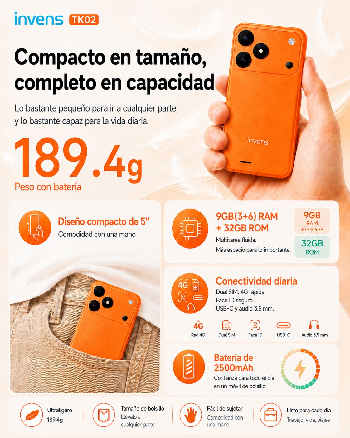 invens TK02 Telefonos Moviles Libres, 9(3+6) GB+32GB/128GB TF Teléfono Móvil, Android 16, 5'' HD+, 8MP+5MP Móvil, 2500mAh, Smartphone Triple 4G SIM GPS/OTG/3.5mm Jack Negro