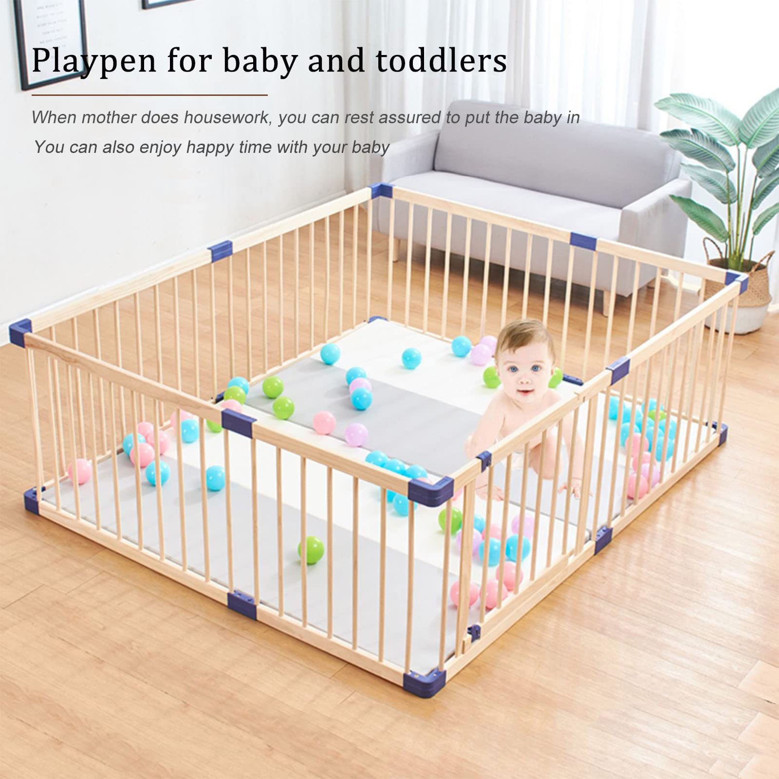 Jolan Baby Playpen Wooden,Toddler Child Safety Activity Center Fence,Indoor and Outdoor Anti-Fall Playpens for Babies,Foldable Baby Fence,Breathable/Durable Crawling Playpen,140×200cm