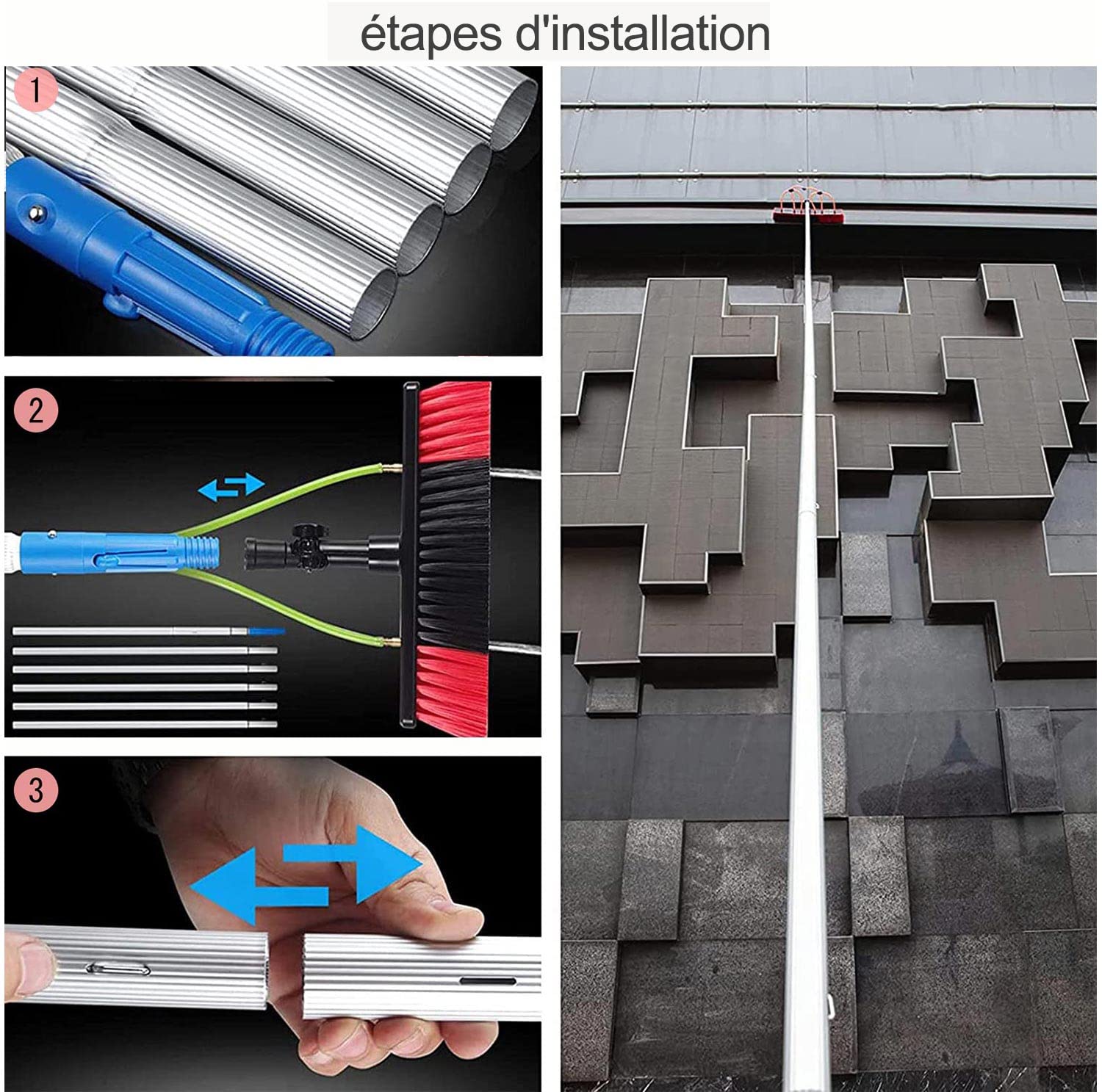 kit limpiacristales. Kit de limpieza del hogar con poste de extensión de 3m ~ 12m, herramientas de lavado de paneles solares, cepillo limpiador Flexible de alto plumero