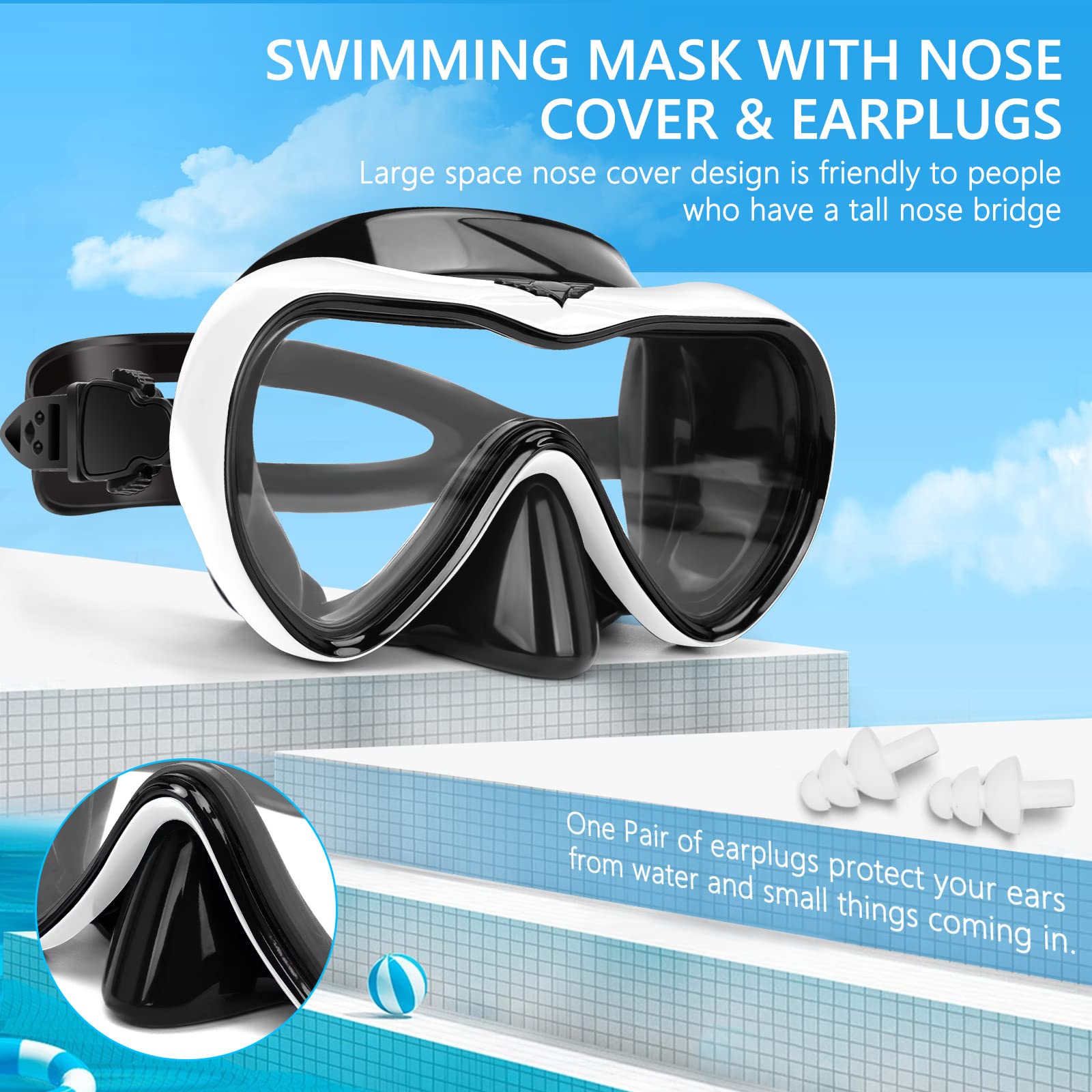 Gafas de natación, gafas de buceo antivaho con cubierta para la nariz, máscara de buceo de silicona antifugas para adultos, máscara de natación de vidrio templado HD de 180 grados para esnórquel con