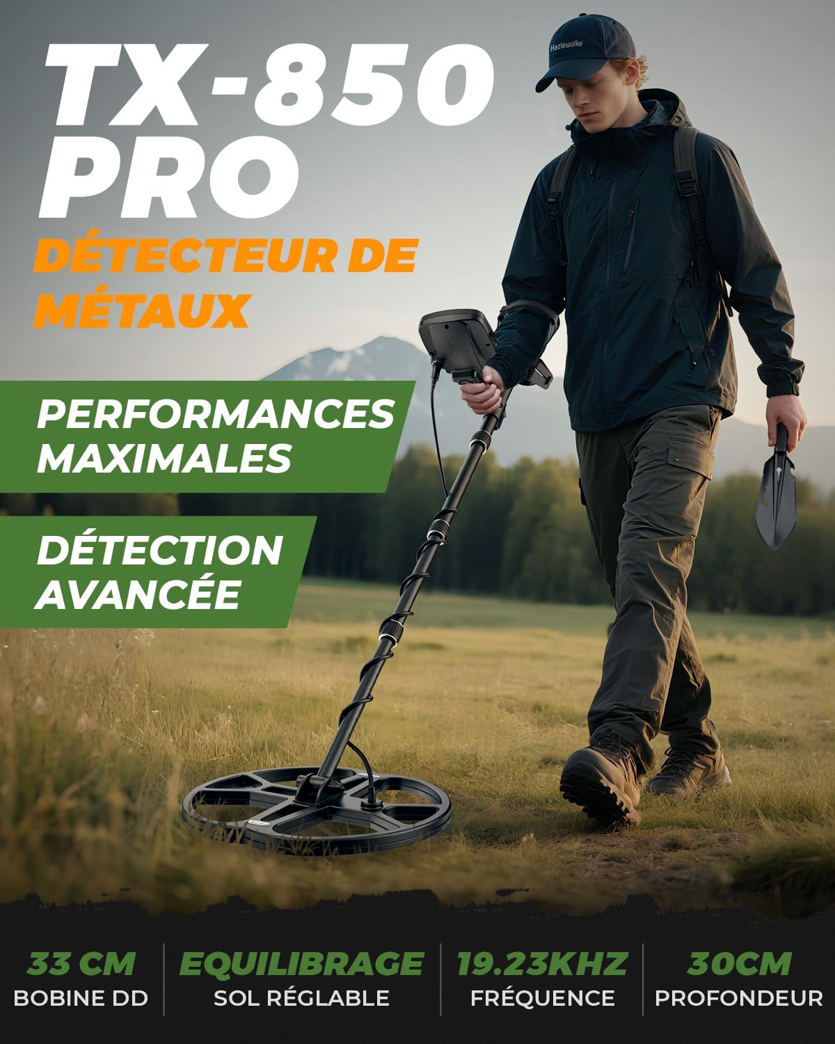Detecteur de Metaux Professionnel avec Bobine Double-D Étanche 13", Haute Fréquence 19,23 kHz pour Détection Argent & Or, Équilibre du Sol Réglable Amélioré, 3 Modes de Détection (Profondeur 12'')