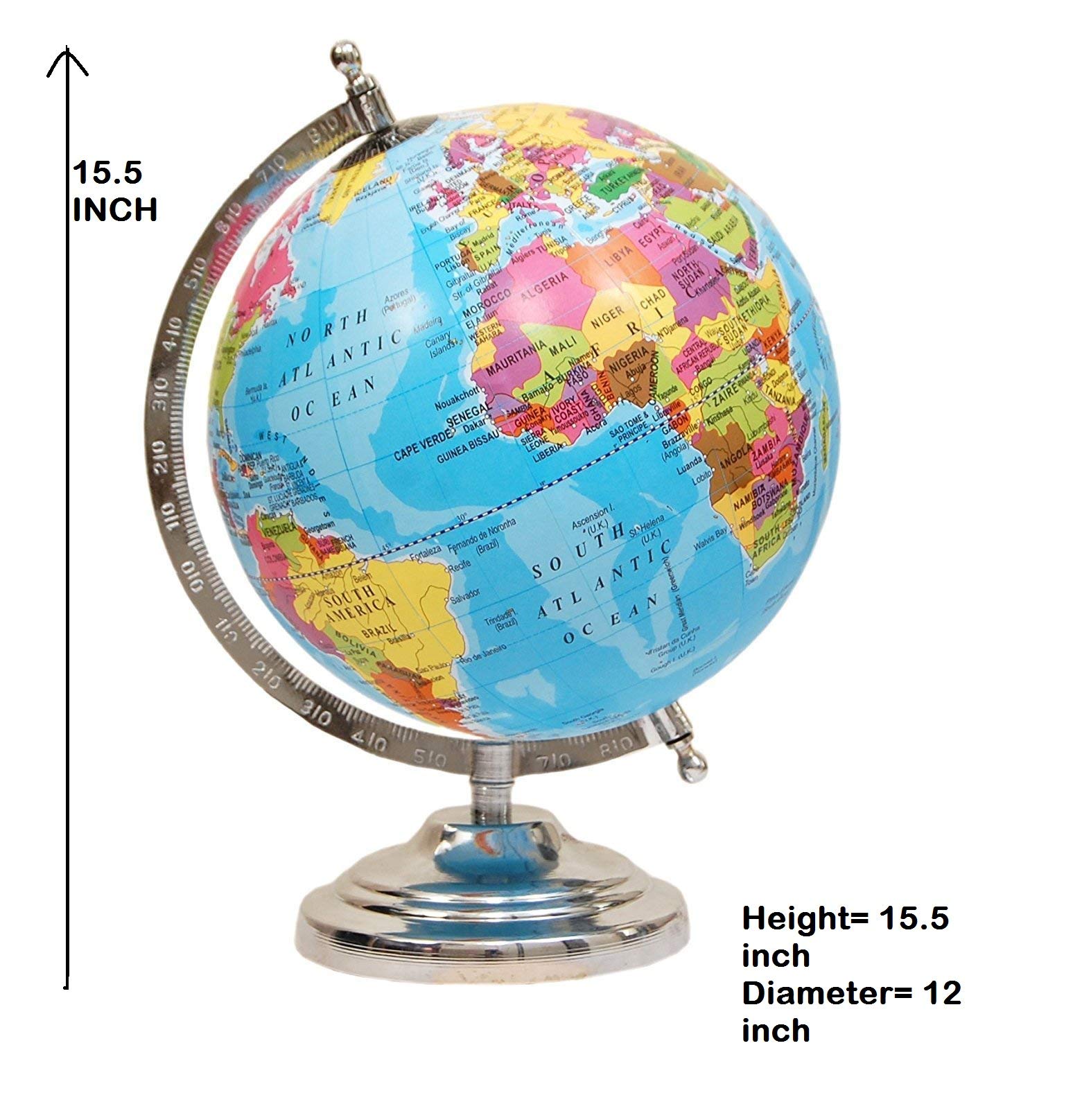 Techblaze Big Size World Globe w/ Steel Finish Arc & Base, Educational Political Map Globe for Home Globe for Kids Learning Study Geography Students Teachers Schools & Offices – 12” Diameter