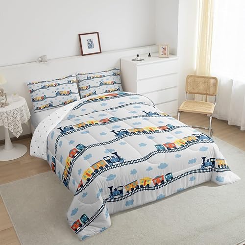 Miniatura 9 de Erosebridal Lindo juego de edredón de motor de vapor tamaño Queen para niños pequeños, juego de ropa de cama kawaii, vehículos de construcción,