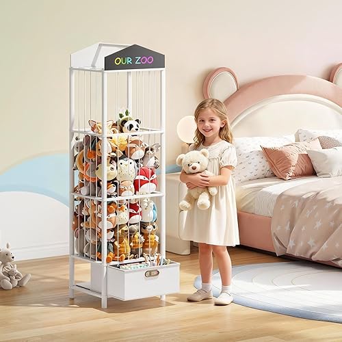 Miniatura 2 de HOOBRO Almacenamiento y organizador de animales de peluche, soporte de bambú para animales de peluche con cajón de tela y pizarra de bricolaje,