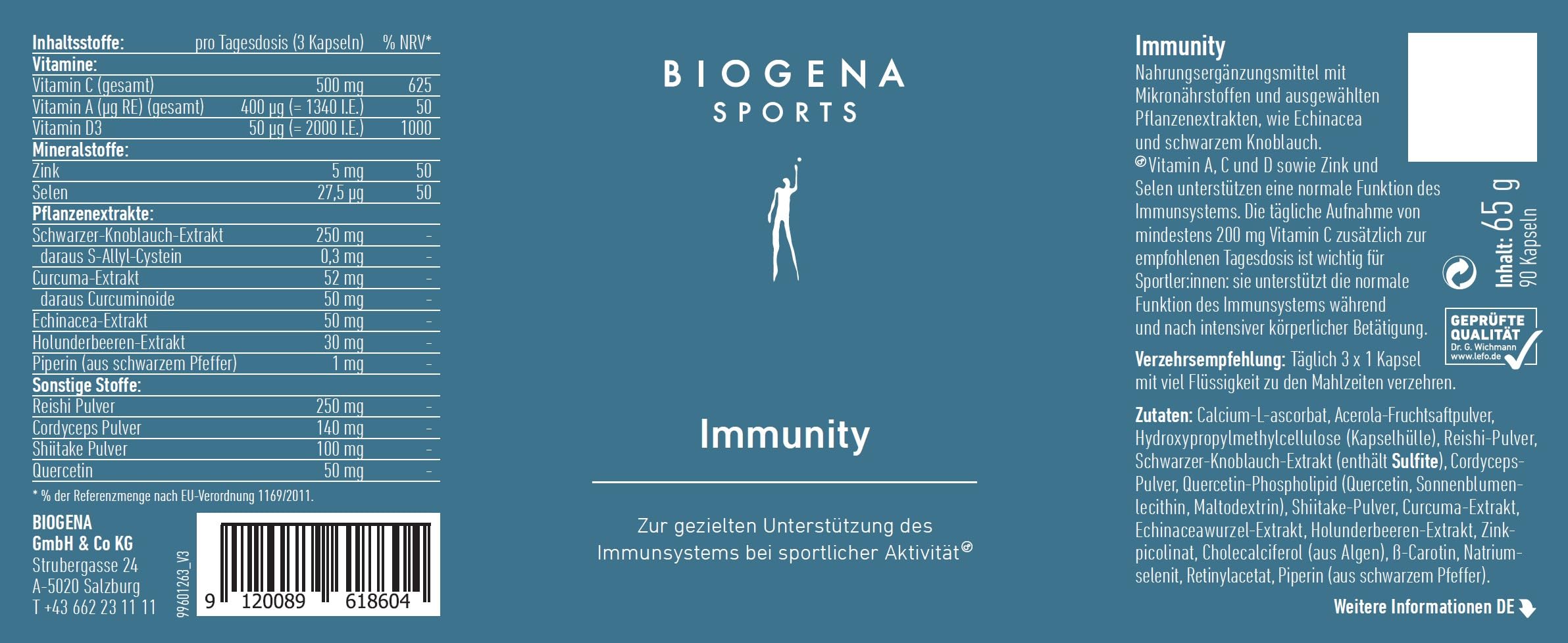 BIOGENA SPORTS Immunity – Premium Nährstoff-Komplex mit Reishi, Cordyceps & Shiitake Pilz - Zink, Selen & Vitamin A, C, D – mit Echinacea, Schwarzer Knoblauch - Vegan – 90 Kapseln