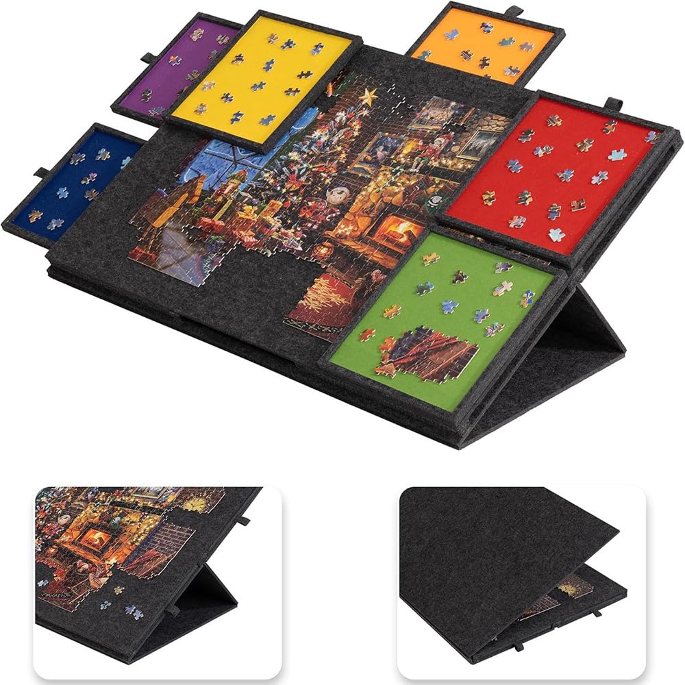 BEOSIOR Jigsaw Puzzle Board, 2-in-1 Designed Stand & Cover Lightweight Felt Jigsaw Board 1000 Pieces Portable Jigsaw Puzzle Table with Colored 6 Drawers for Adults Gift