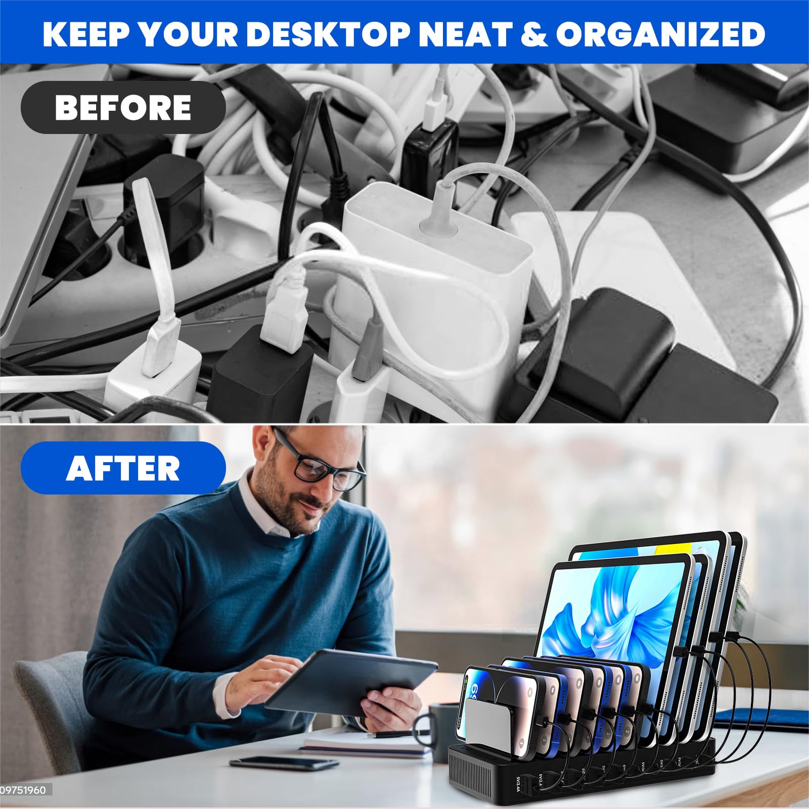 Charging Station for Multiple Devices, 100W 10 Ports Flat Plug Charging Dock with 10 Cables Smart IC Tech and Adjustable Dividers Type-C，Multi USB Charger for iPhone Galaxy iPad Tablet，Black