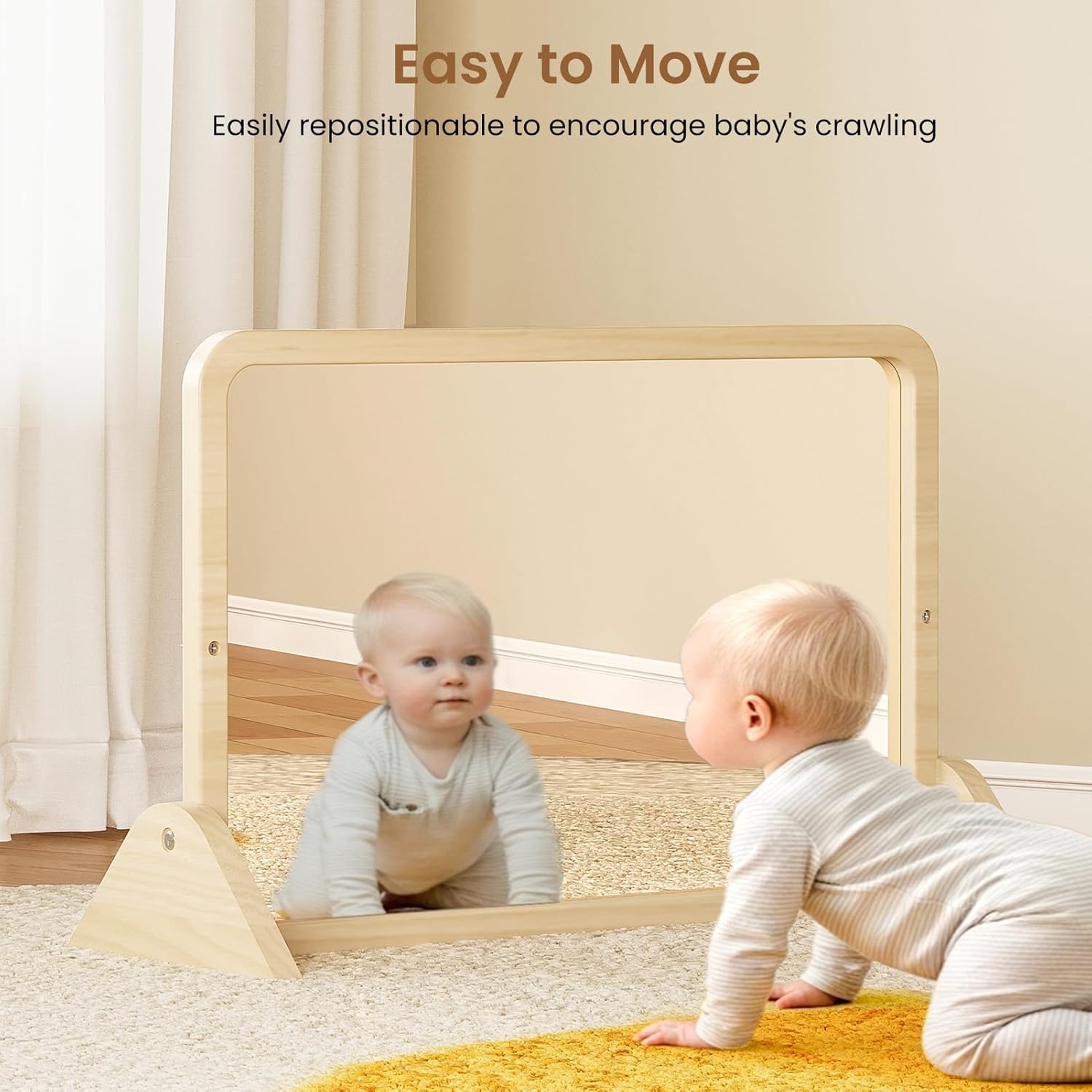 Woodtoe 3-in-1 Montessori Mirror with Bar, Adjustable Toddler Mirror & Pull Up Bar, Montessori Learning Toy for Baby 6-18 Months, Nursery Mirrors, Natural Wood Furniture for Daycare, Kids Classroom