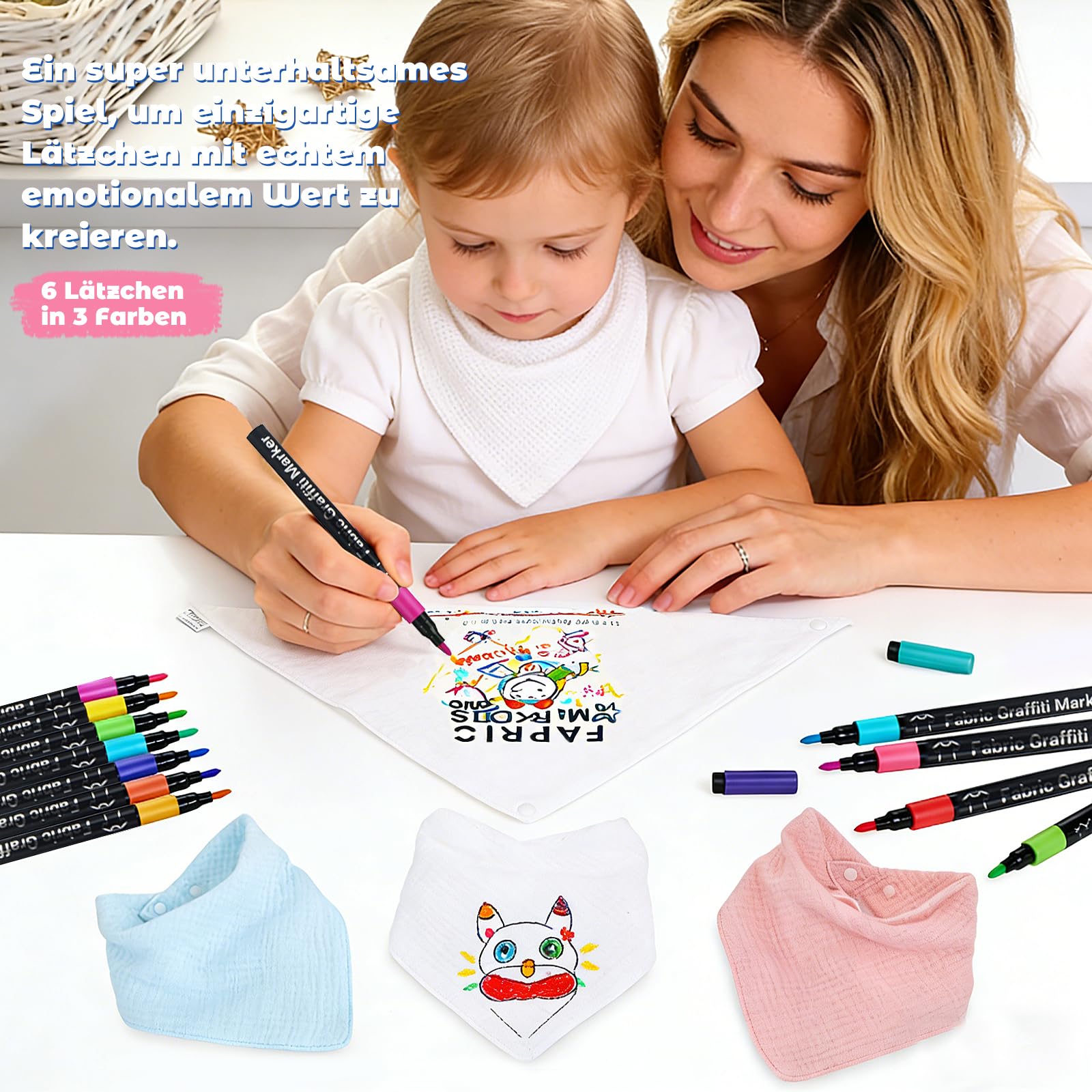 Baby Lätzchen zum Bemalen babyparty deko 12 Stück,6x Babybody aus Baumwolle,6x musselin tücher baby,12 Farbigem Textilstift 15 Tiere Malvorlagen,Gender Reveal Geschenk für Babyparty spiele baby shower