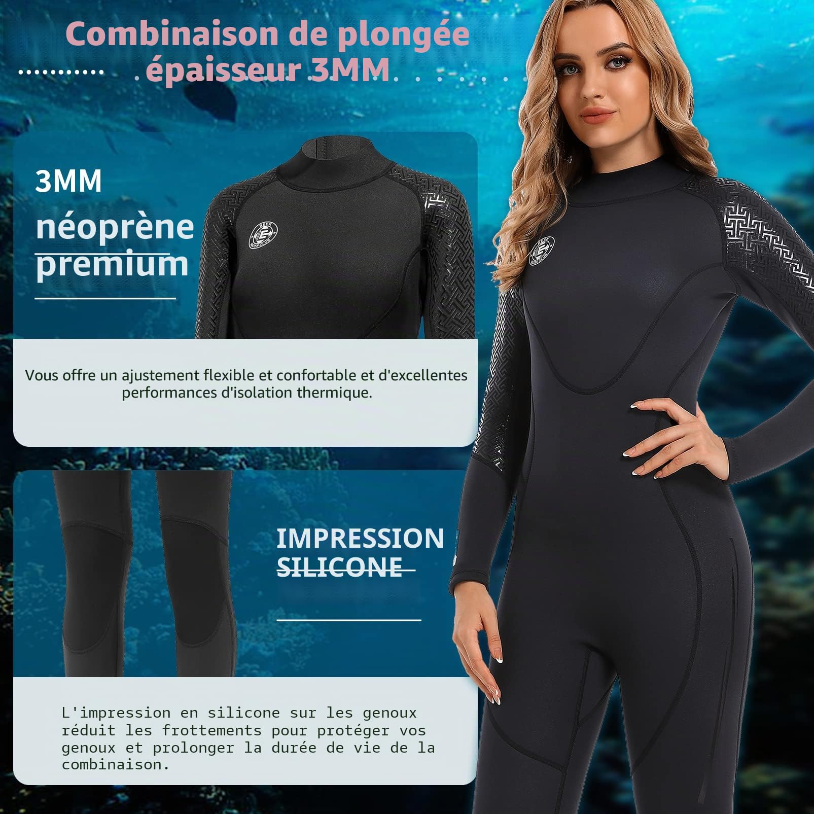 Combinaison de plongée en néoprène pour Femme – Équipement de plongée de 3 mm – Ultra Extensible à Manches Longues pour Homme –Chaude la plongée avec Tuba, Les Sports Nautiques en Plein air – XL