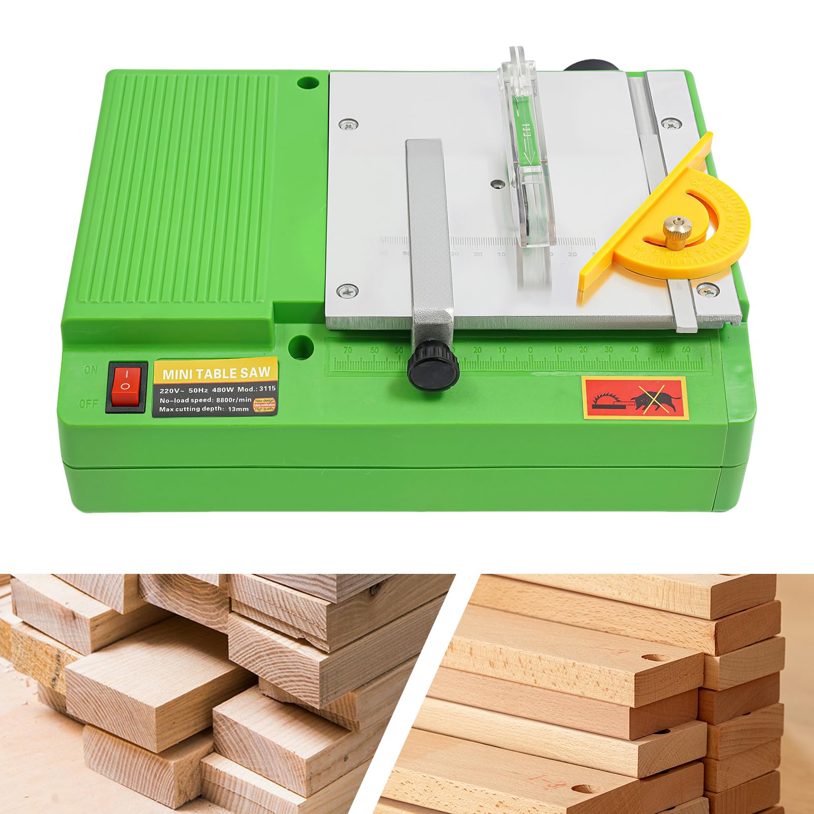 Mini sega da tavolo, 480 W, 220 V, 8800 giri/min, sega da tavolo assemblabile, adatta per tagliare, levigare e intagliare, per tavolo fai da te e uso domestico, verde ecologico